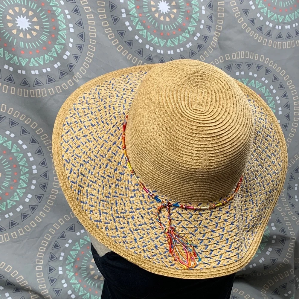 Tan and Red Wide Brim Sun Hat with Classic Design
